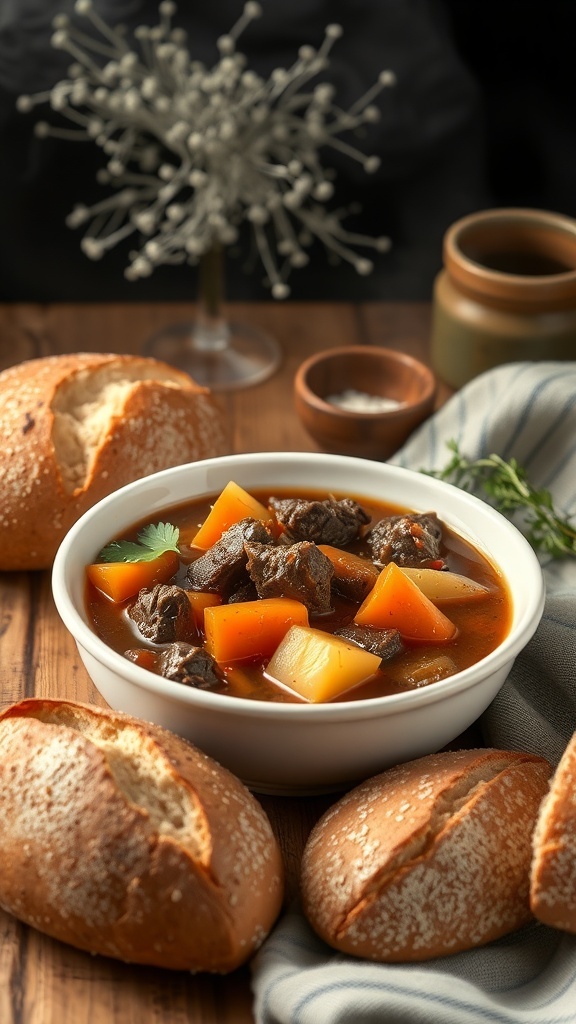 A bowl of hearty beef stew with root vegetables, surrounded by crusty bread rolls.