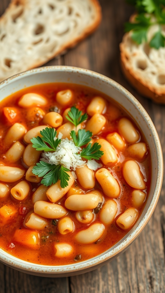 A hearty bowl of Pasta Fagioli with pasta and beans in tomato broth, garnished with parsley and Parmesan on a rustic table with bread.