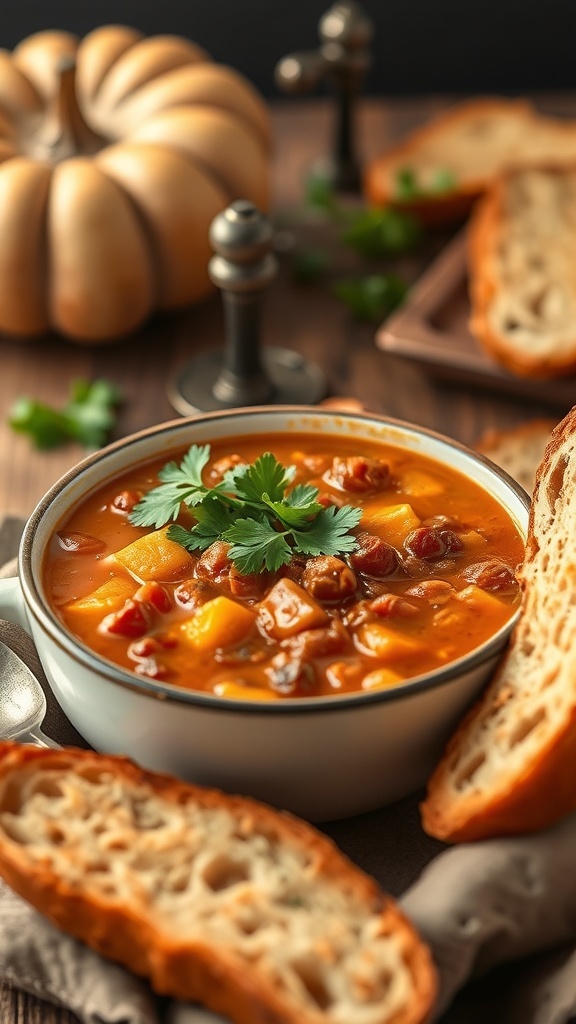 A bowl of hearty pumpkin chili with bread on the side, surrounded by pumpkins.