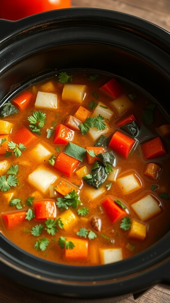 A vibrant crock pot filled with hearty vegetable soup, featuring colorful chunks of carrots, potatoes, and bell peppers, garnished with fresh herbs.