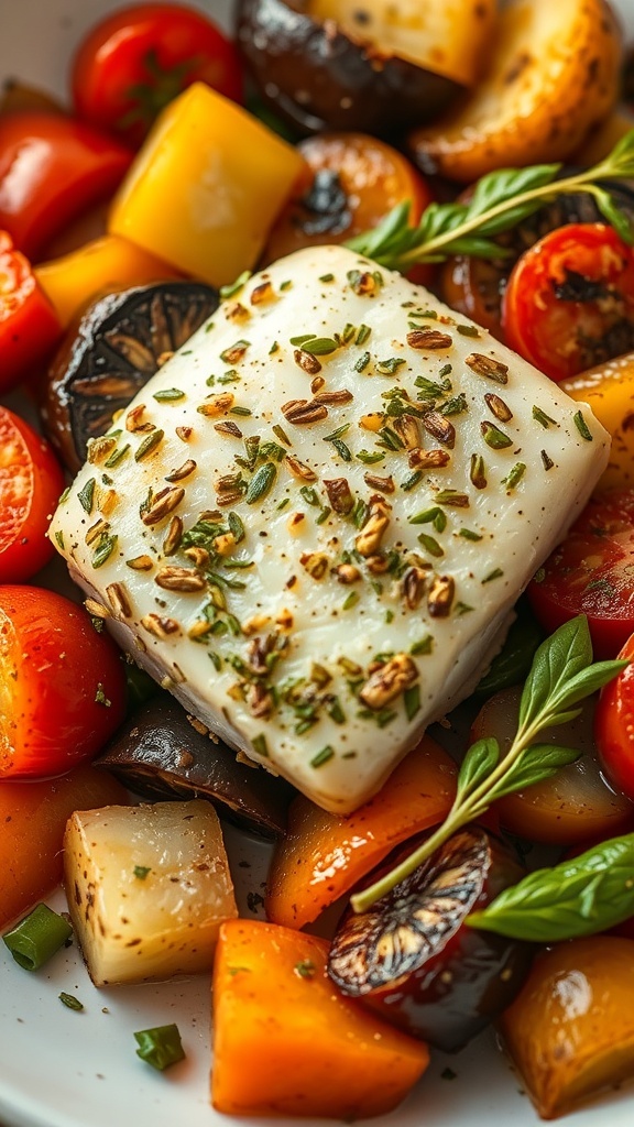 A plate of herb-crusted cod with colorful vegetables