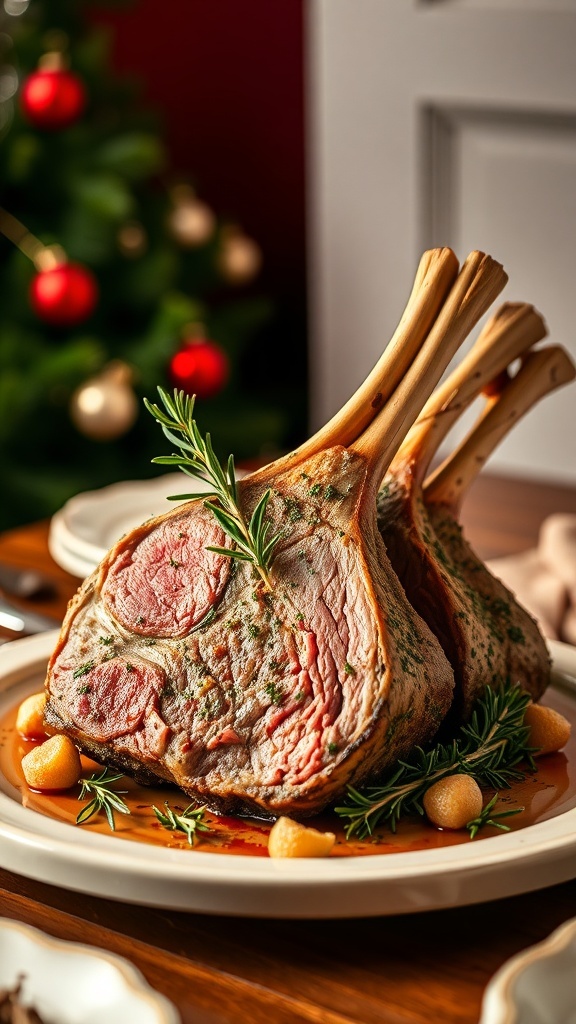 A beautifully plated herb-crusted rack of lamb with a festive background