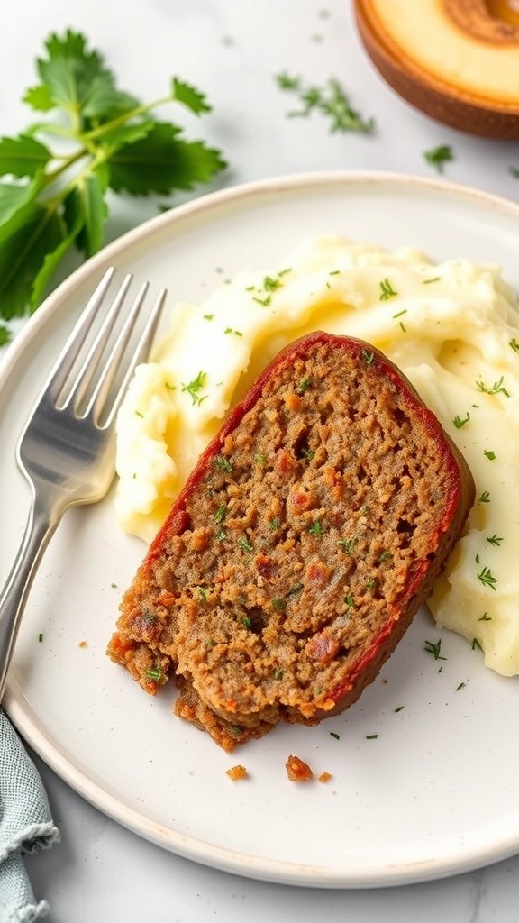 A slice of herb-infused meatloaf served with creamy garlic mashed potatoes on a plate, garnished with parsley.