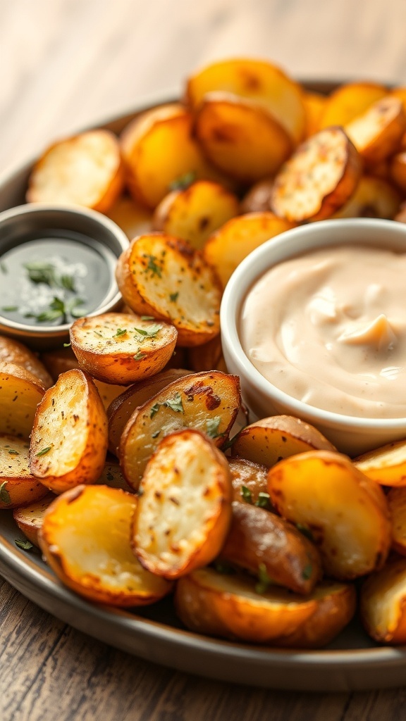 A plate of crispy herb-roasted potatoes served with dipping sauces.