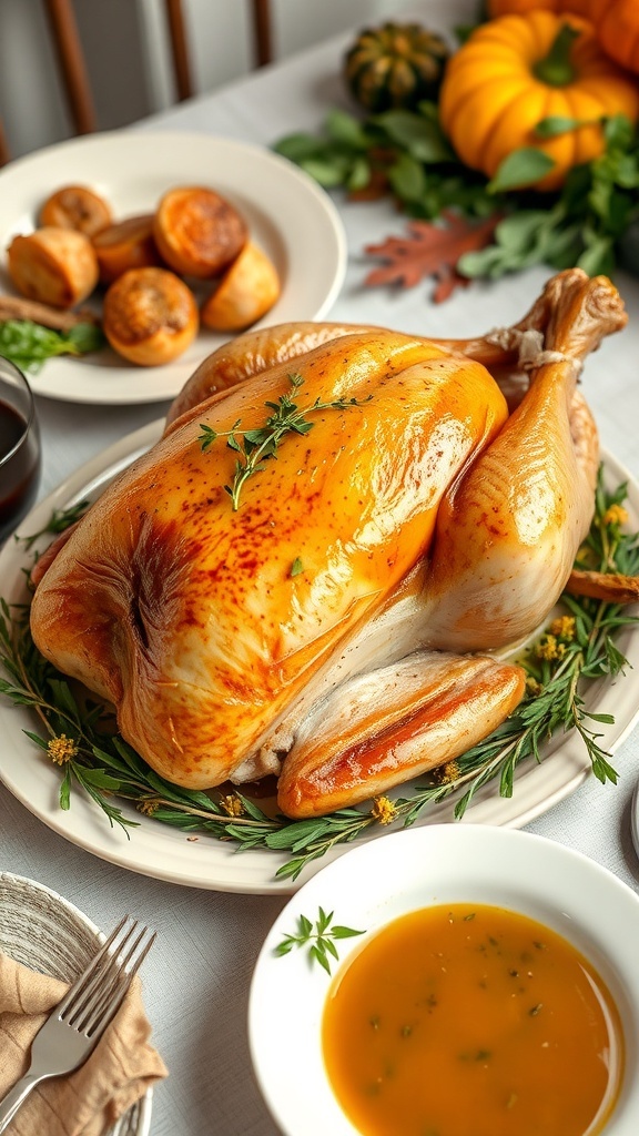 A beautifully roasted turkey garnished with herbs, served with gluten-free gravy and side dishes.