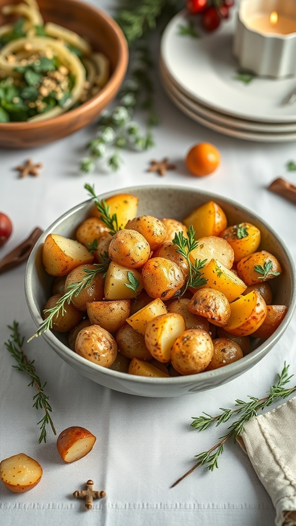 A bowl of herb roasted potatoes garnished with fresh herbs, surrounded by festive decorations.