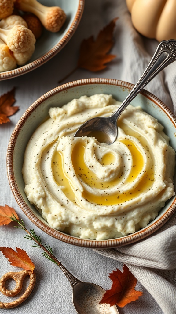 A bowl of herbed cauliflower mash topped with olive oil and black pepper, surrounded by autumn leaves and a spoon.