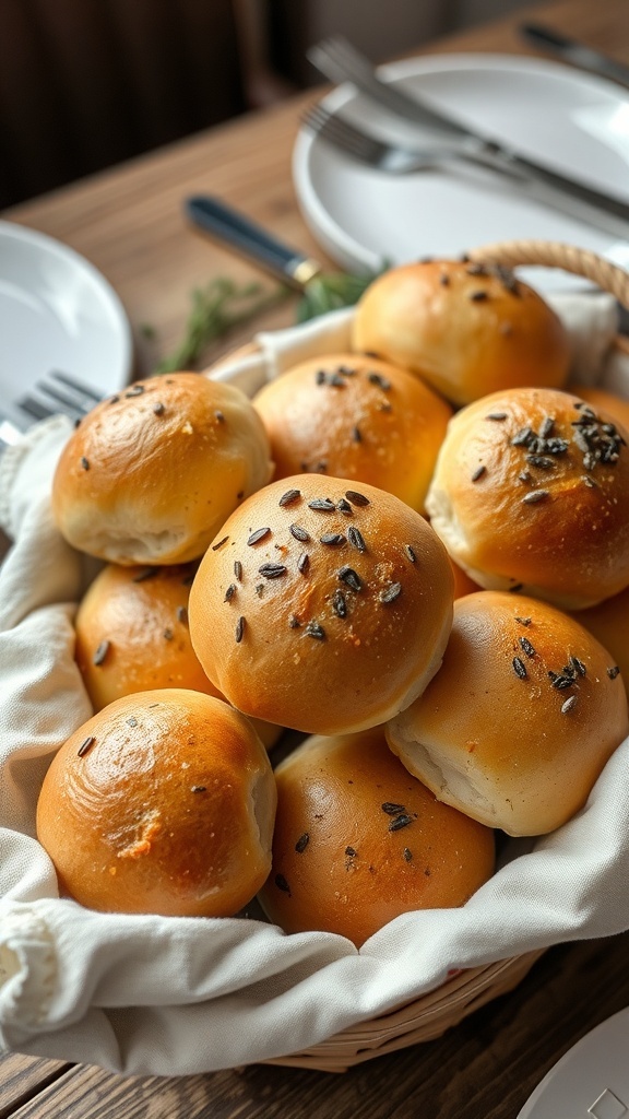 A basket of freshly baked herbed dinner rolls, golden brown and topped with herbs.