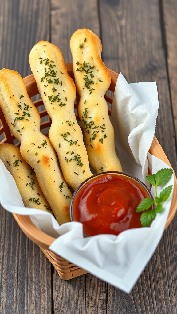 A basket of herbed garlic breadsticks with marinara sauce