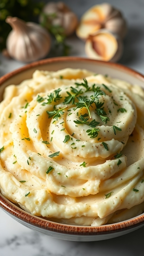 A bowl of herbed garlic mashed potatoes topped with parsley, with garlic cloves in the background.