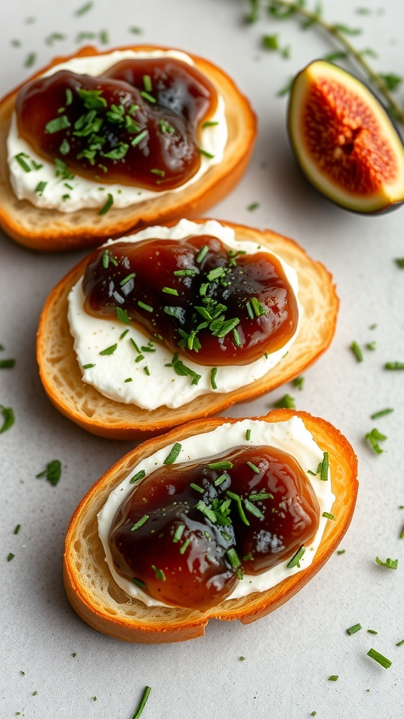 Herbed goat cheese and fig crostini on a plate, garnished with fresh herbs and figs.