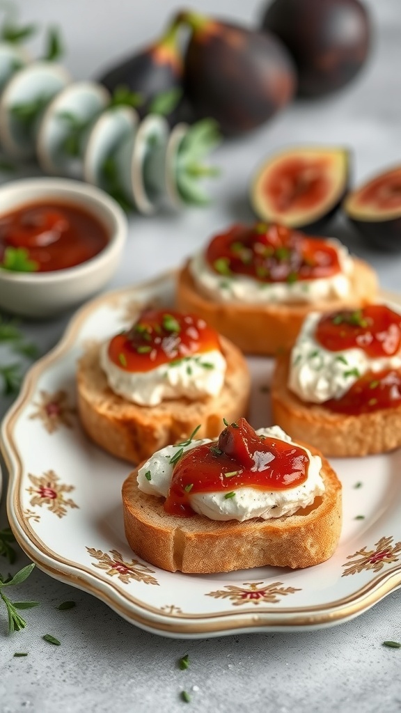 Herbed goat cheese and fig crostini on a decorative plate with fresh figs in the background.