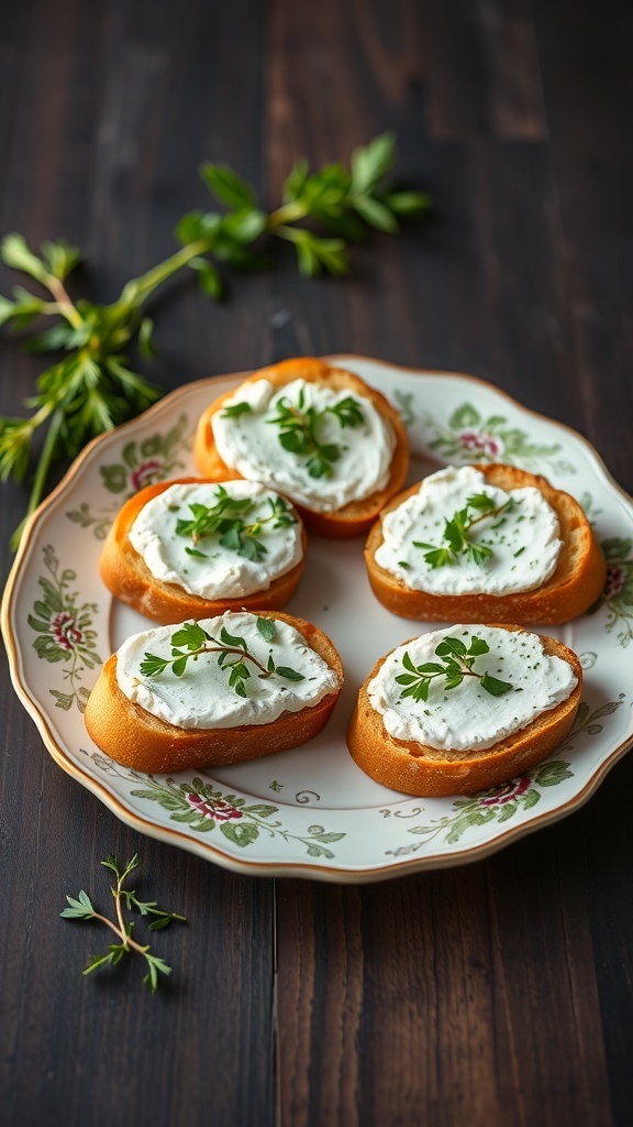 A platter of herbed goat cheese crostini topped with fresh herbs on a decorative plate.