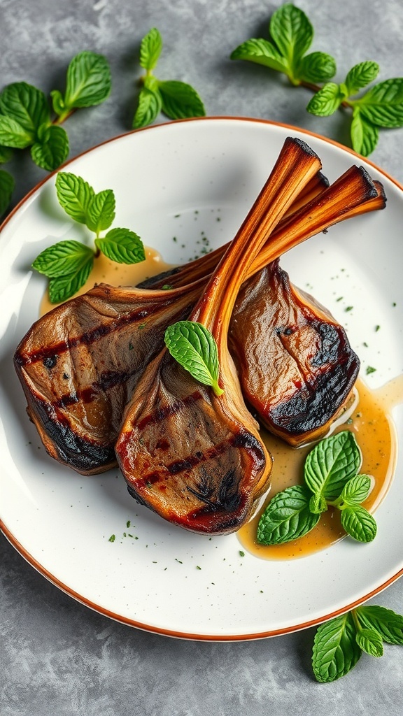 Grilled herbed lamb chops served with mint sauce and garnished with fresh mint leaves.