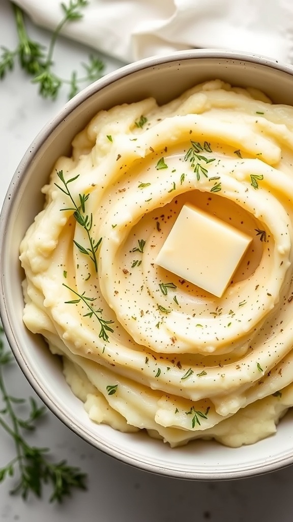 A bowl of herbed mashed potatoes topped with butter and herbs.