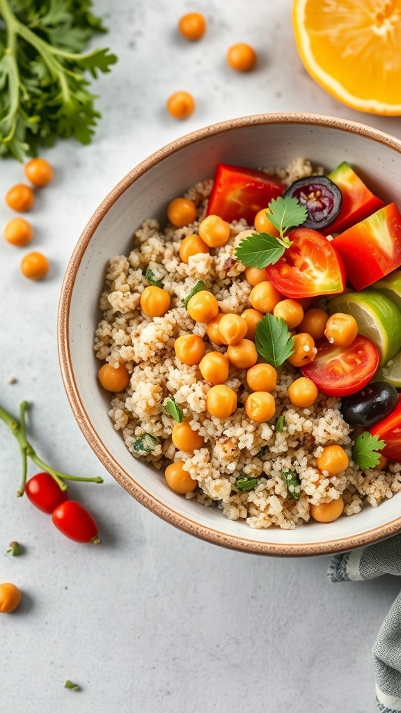 A bowl of herbed quinoa and chickpeas topped with fresh vegetables.