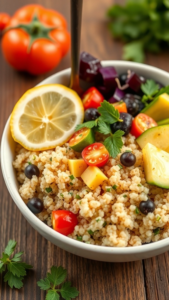 A bowl of herbed quinoa with colorful vegetables and lemon slices on a wooden table.