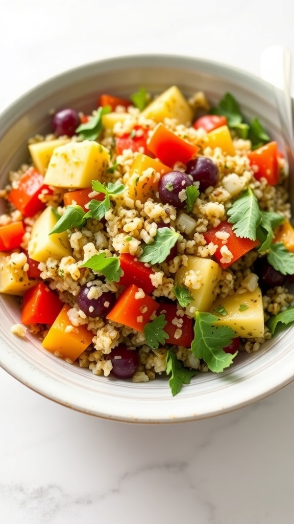 A bowl of herbed quinoa salad with colorful vegetables and fresh herbs.