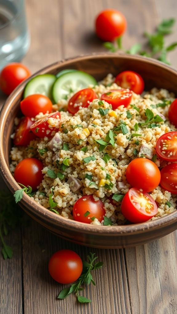 A bowl of herbed quinoa salad with cherry tomatoes and cucumbers
