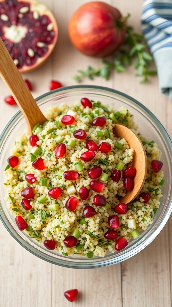 A bowl of herbed quinoa salad with pomegranate seeds, cucumber, and green onions.