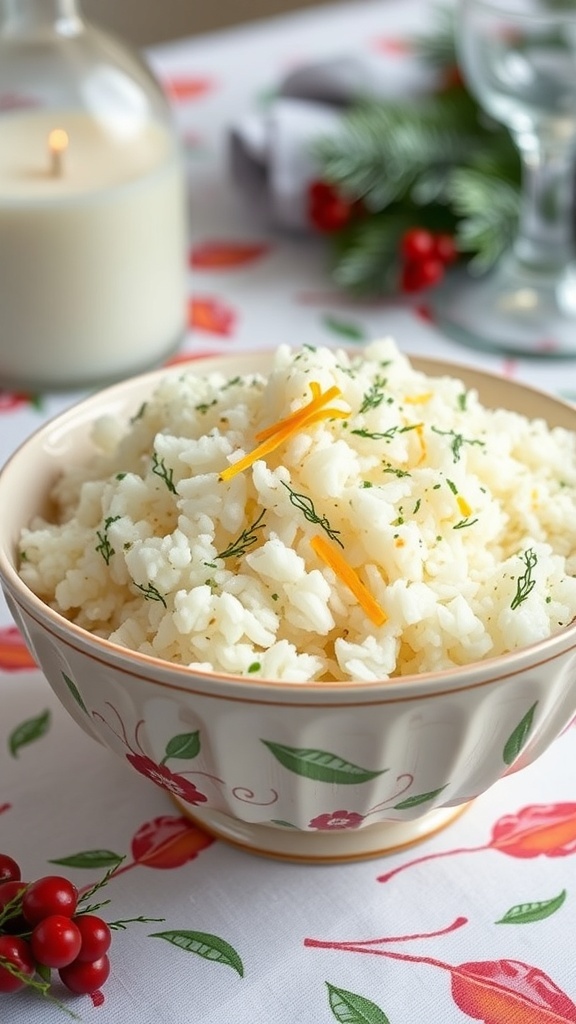 A bowl of herbed rice with lemon, garnished with herbs, set in a cozy holiday atmosphere.