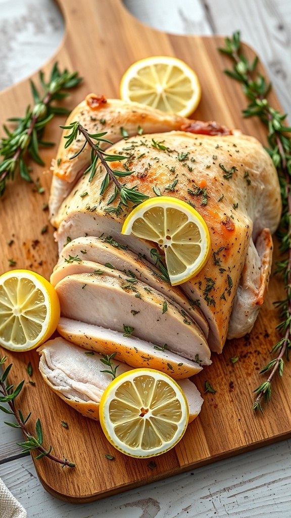 Sliced herbed turkey breast with garlic and lemon on a wooden cutting board, garnished with lemon slices and thyme.