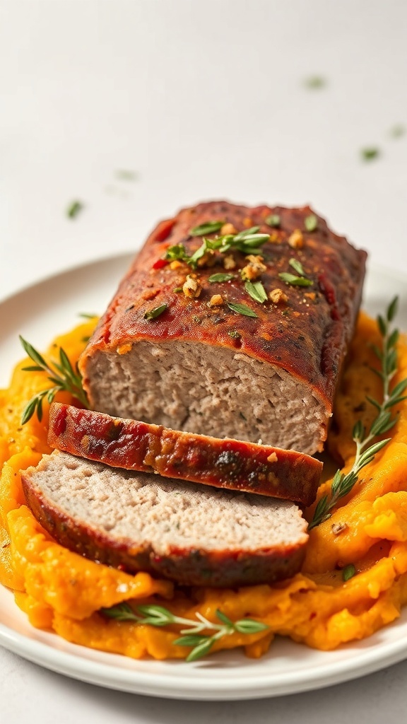 Sliced herbed turkey meatloaf on a plate with mashed sweet potatoes and garnished with herbs