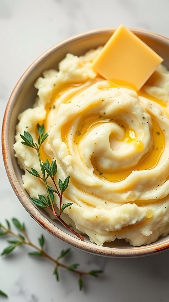 A bowl of creamy herbed vegan mashed potatoes topped with a pat of vegan butter and fresh thyme.