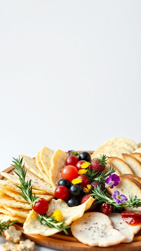 A festive charcuterie board with crackers, cheeses, tomatoes, berries, and garnishes.