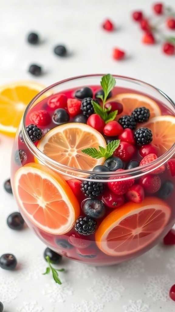 A bowl of colorful Holiday Berry Punch with various fruits.
