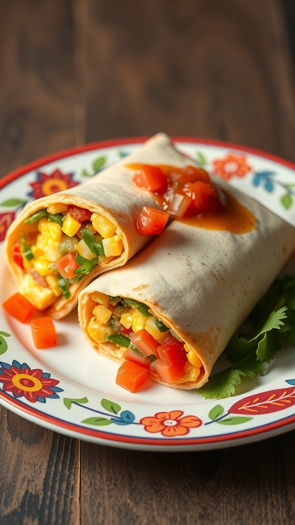 Two breakfast burritos filled with eggs, corn, and vegetables on a colorful plate.