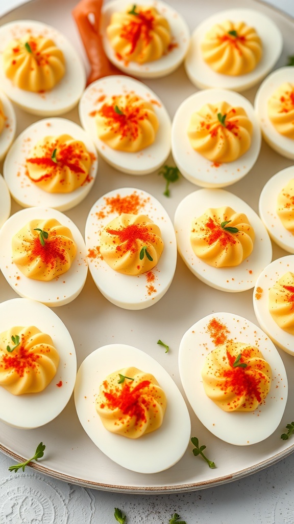 A platter of beautifully arranged deviled eggs topped with paprika and parsley.