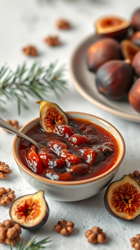 A bowl of holiday fig jam with fresh figs and spices around it.