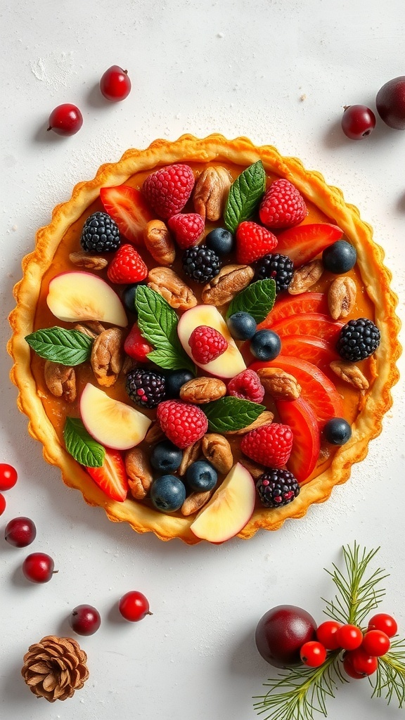 A colorful holiday fruit and nut tart topped with various fruits and nuts, surrounded by festive decorations.