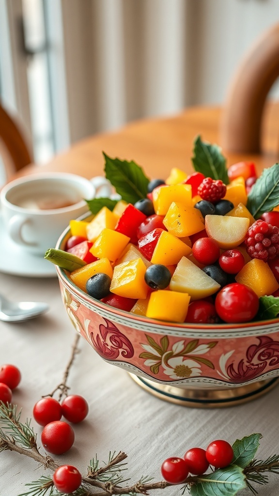 A colorful bowl of holiday fruit salad with mango, cherries, blueberries, apples, and strawberries, garnished with mint leaves.