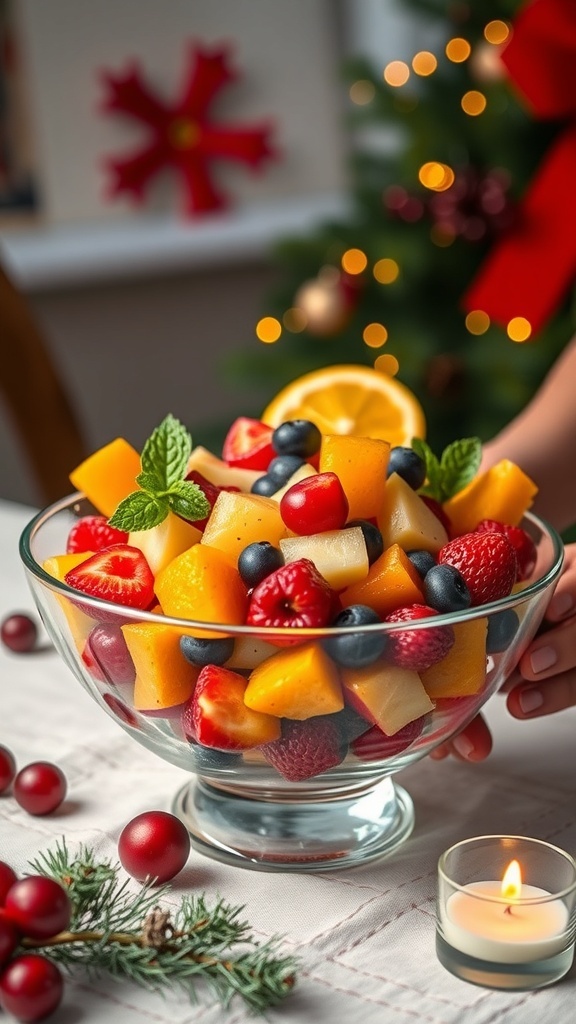 A colorful bowl of holiday fruit salad with strawberries, mango, blueberries, and pineapple, garnished with mint leaves.