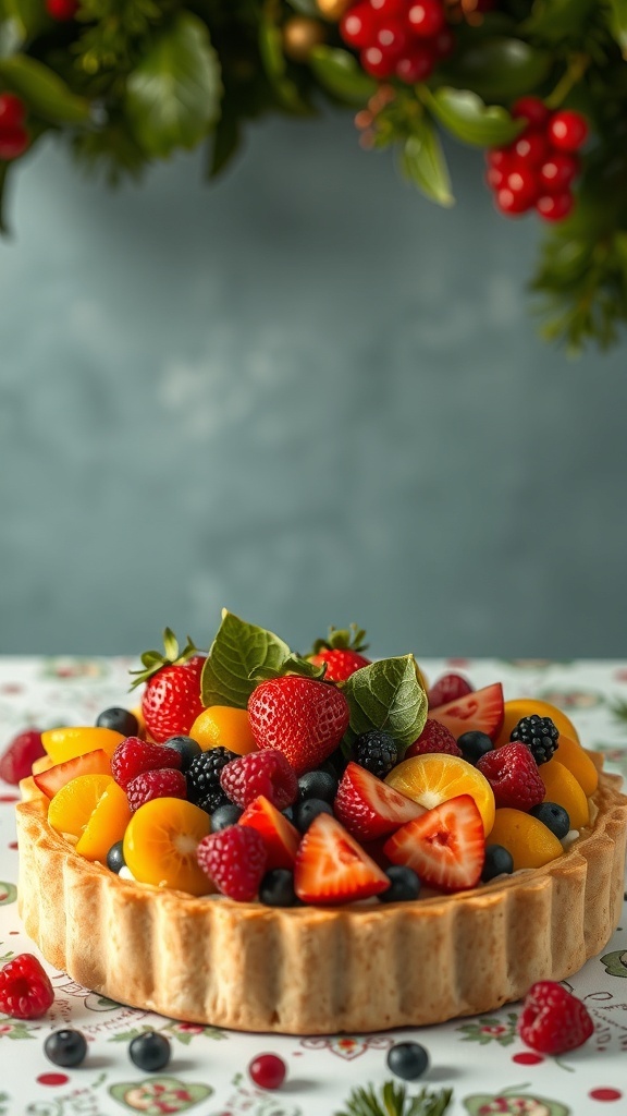 A colorful holiday fruit tart topped with strawberries, blueberries, raspberries, and peaches, set against a festive background.