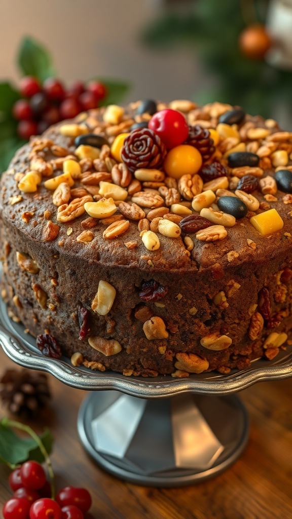 A festive holiday fruitcake topped with nuts and fruits on a decorative stand.