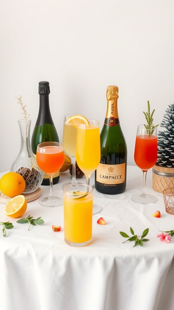 A festive holiday mimosa bar with champagne, various juices, and garnishes.