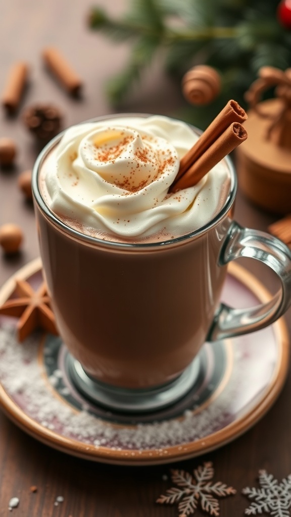 A cozy cup of holiday spiced hot chocolate topped with whipped cream and cinnamon sticks.