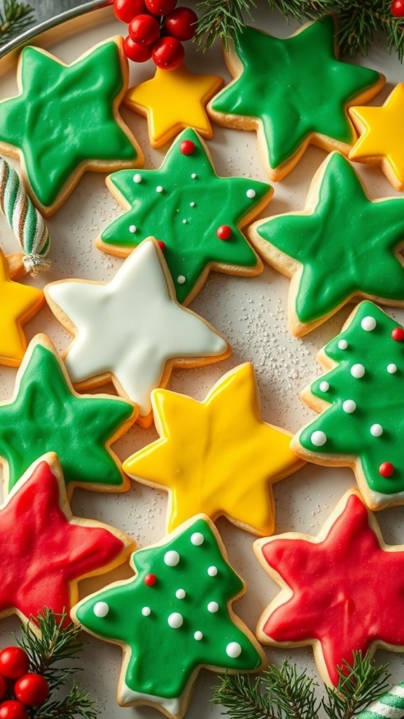 Colorful holiday spritz cookies in star and tree shapes, decorated with icing and sprinkles.