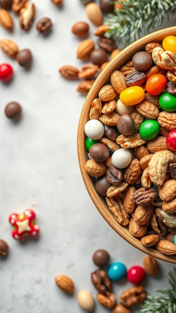 A bowl of colorful holiday trail mix with nuts, chocolate candies, and festive decorations.