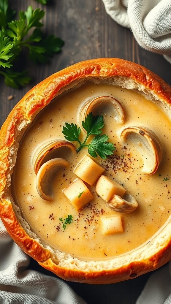 A bowl of clam chowder served in a bread bowl, topped with clams and parsley.