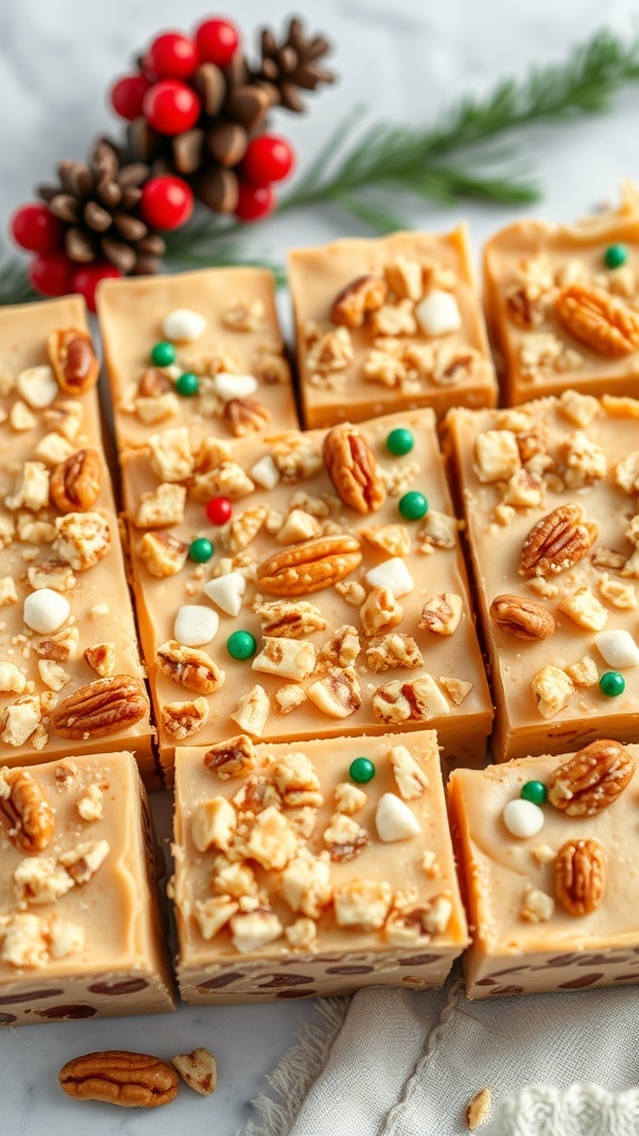 Delicious homemade fudge with nuts, decorated with colorful sprinkles, perfect for Christmas.