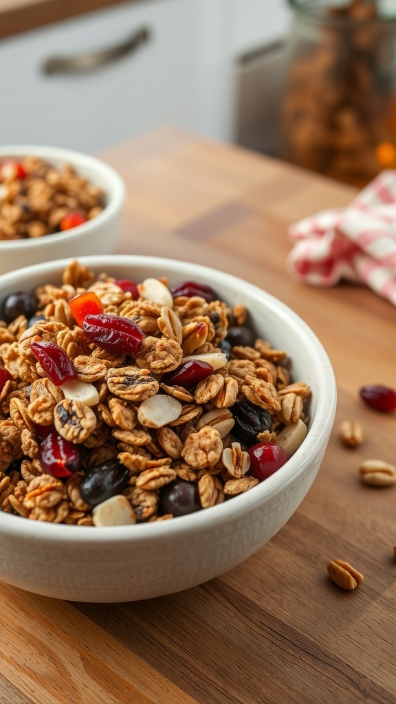 A bowl of homemade granola with dried fruits on a wooden table.