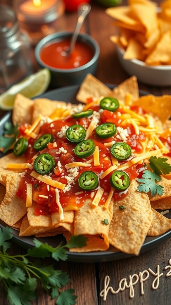 A plate of homemade nachos topped with cheese, salsa, and jalapeños