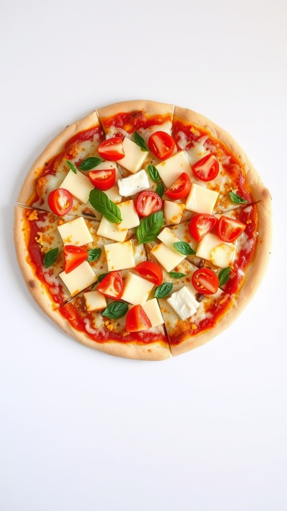 A homemade pizza topped with fresh tomatoes, cheese, and basil on a white background.