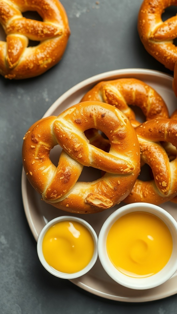 Homemade soft pretzels with mustard on a plate