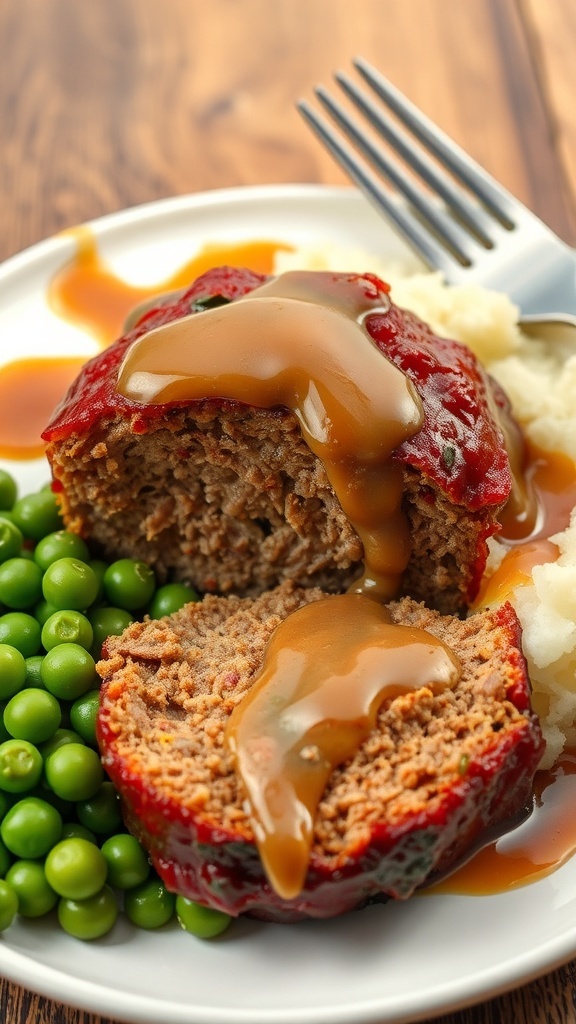 A plate of sliced meatloaf topped with gravy, served with mashed potatoes and green peas.