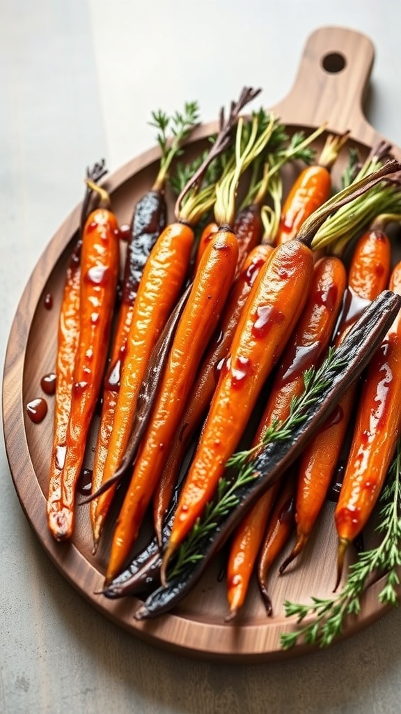 A wooden platter filled with honey-balsamic roasted carrots, showcasing vibrant orange and purple hues.